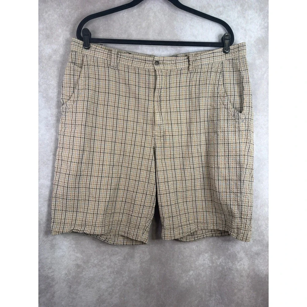 Tommy Bahama Plaid Shorts Men 38 Tan Blue Cotton Casual Summer Flat Front